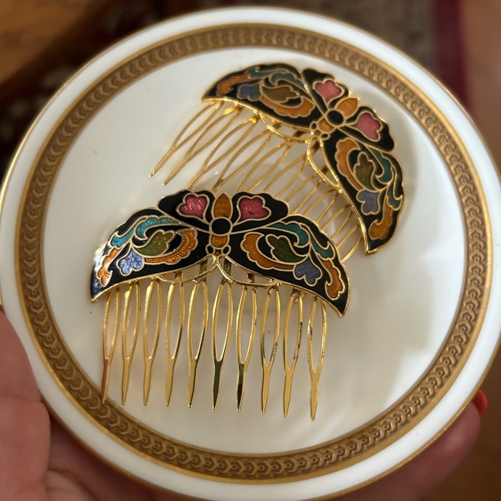 Vintage Butterfly Cloisonné Hair Combs